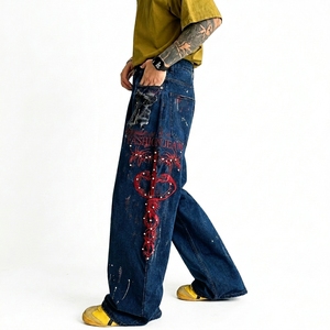 Vintage American Style Men's Denim <b>Pants</b> Diamond Studded High Street Printed Tie Dye Loose Fitting Wide Straight Jeans - Product Image 1