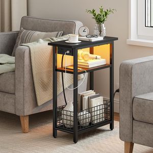 Narrow <b>Side</b> Table with LED Charging Station and Storage Small End Table with USB Port Skinny Nightstand Slim Beds - Product Image 2