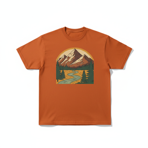 Camiseta de algodón de manga corta para hombre, estilo vintage, con estampado de paisaje montañoso naranja, corte regular, cuello redondo, tejido de punto tipo jersey. - Product Image 6
