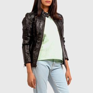 Chaqueta de Motociclista de Cuero Genuino Marrón para Mujer, Manga Larga, Cuello Camisero, Cierre de Cremallera, Estilo Otoñal - Product Image 5