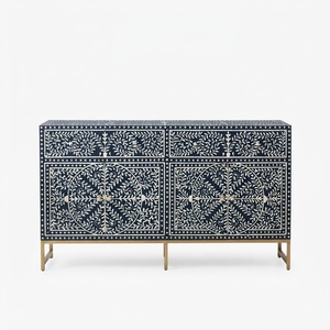 Mesa de Noche Artesanal con Incrustaciones de Hueso en Blanco y Negro, 2 Cajones, Patrón Floral, Mesa Auxiliar de Madera Sólida para Dormitorio - Product Image 6