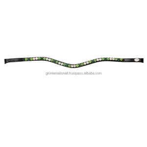 Cintas para la Frente de Caballo de Cuero Negro en Todas las Formas y Tamaños Personalizados, Decoradas con una Sola Hilera de Cristales de Colores Brillantes - Product Image 1