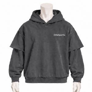 Charcoal Double Layer <b>Hoodie</b> Vintage Oversized <b>Short</b> <b>Sleeve</b> Overlay Long <b>Sleeve</b> Pullover Loose Fit Casual Streetwear Hooded - Product Image 1