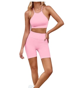 Ensemble de sport 2 pièces pour femme en toile 100 % coton de haute qualité, personnalisable, vente en gros, soutien-gorge sans couture et short froncé, motif uni pour la gym et le fitness - Product Image 5