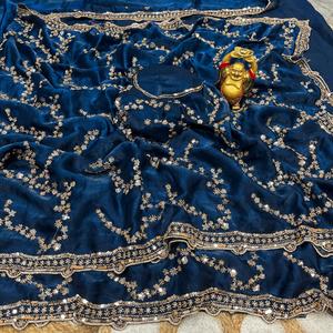 Sari de Seda Royal Pure Space con Bordado Original de Cuentas Doradas, Borde con Diseño de Corte Exclusivo, Blusa Elegante y Lujosa, Sari Premium para Fiestas - Product Image 4