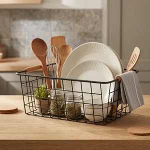 <b>Black</b> Metal <b>Wire</b> Storage <b>Basket</b> with Wooden Handles for Kitchen Fruits Vegetables Countertop Organizer Home Storage <b>Basket</b> - Product Image 4