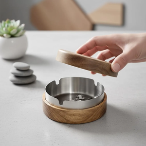 Cenicero de Acero Inoxidable con Tapa de Madera, Estilo Retro Chino, para Sala de Estar, Anti-Humo y Cenizas - Product Image 4