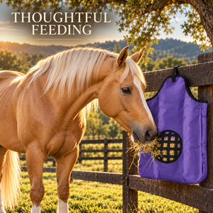 Sac à foin pour chevaux violet avec grille d'alimentation tissée et boucle de suspension |   Support à foin pour écurie équine avec garniture noire et corps en tissu - Product Image 4