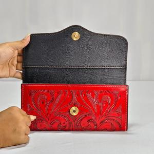 Handmade Genuine Leather Women's <b>Long</b> <b>Wallet</b> Red Embossed Vintage Style Open Closure Daily Use Venus Leathers Were Rajasthan - Product Image 4