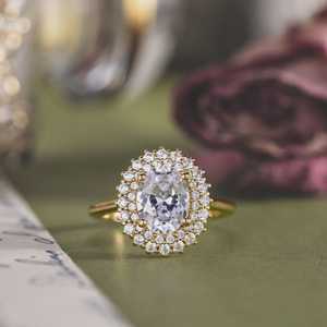 <b>Vintage</b> Inspired Double Halo Oval Diamond Engagement <b>Ring</b> | Oval Cut Lab Grown Diamond or Moissanite <b>Ring</b> in 14K <b>Gold</b> - Product Image 1