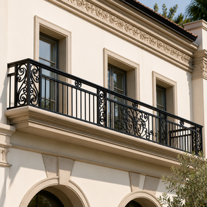 Rampe de balcon en fer forgé noir, design ornemental à volutes, garde-corps de façade de villa, balustrade extérieure en métal, décoration haut de gamme - Product Image 3