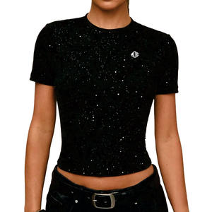 T-shirt court tendance noir à strass scintillants, coupe ajustée, manches courtes, style streetwear, personnalisable pour femme - Product Image 1