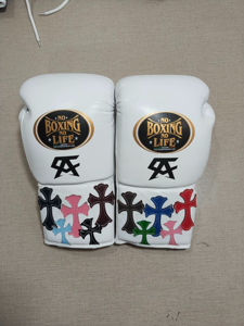White No Boxing No Life Gold <b>Leather</b> Boxing <b>Gloves</b> Lace-Up Full Finger Wrist Adjustable Breathable for Adults Cross Model - Product Image 5