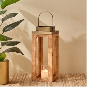 Portavelas Cuadrado de Madera para Decoración del Hogar con Asa de Metal y Acabado Natural - Product Image 1