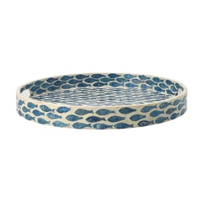 Best price Mother of pearl <b>tray</b> Handmade coastal blue fish patterned shell inlay <b>round</b> <b>tray</b> for dining table food serving - Product Image 2