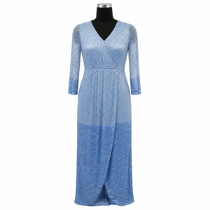 Womens Blue Ombre <b>Sequin</b> Maxi Dress V Neck Wrap Style Long Sleeve Elegant Evening Wedding Formal Party Gown Sparkly Flowy Floor - Product Image 1