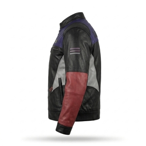 Blouson en cuir pour homme violet et noir, style motard multi-panneaux colorblock, fabrication sur mesure OEM ODM, offre de production en gros par l'usine - Product Image 4