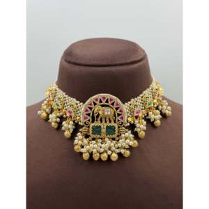 Indian Ethnic Gold Plated Steel <b>Bridal</b> Choker <b>Necklace</b> & <b>Earring</b> <b>Set</b> - Product Image 2