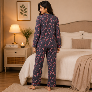 Ensemble de pyjama en coton imprimé canne à sucre pour femme, décontracté, été, Noël, manches longues, doux, vêtements de nuit, fournisseur OEM ODM en gros - Product Image 5