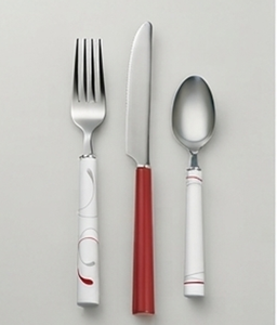 Ensemble de couverts modernes en acier inoxydable avec manches blancs et rouges, compatibles lave-vaisselle, cuillère, fourchette, couteau pour usage domestique - Product Image 1