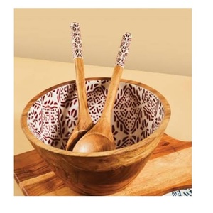 Bol à salade et à mélanger en bois fait main avec motif imprimé émaillé pour la cuisine et la salle à manger, bol décoratif en bois de manguier pour fruits - Product Image 4