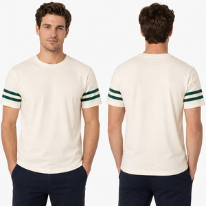 Camisetas al por mayor para hombre con rayas en las mangas, logotipo personalizado, algodón, color crema, verde bosque, dos rayas, estilo retro deportivo, camisetas lisas de moda. - Product Image 1
