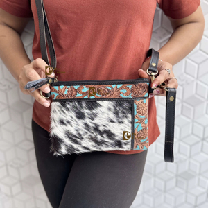 Cowhide Fur Leather Handbag Carving Hand Tooled Leather Tassel <b>Boho</b> Turquoise Color Unique Design Fur Sling <b>Bag</b> for Women - Product Image 1