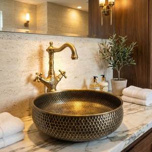 Antique Brass Wash <b>Basin</b> <b>Round</b> Bathroom Vanity Sink Handcrafted Durable Luxury Washroom Decor Premium Collection Design - Product Image 1