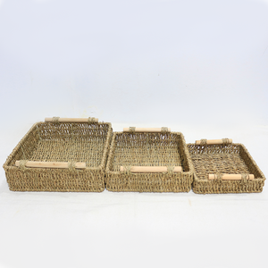 Handmade Seagrass Serving Tray <b>Rectangular</b> Storage <b>Basket</b> with Wooden Handles - Product Image 2