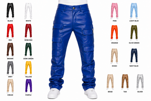 Men's Royal Blue Stacked <b>Cargo</b> <b>Leather</b> <b>Pants</b> – Fashion Slim Fit Streetwear Trousers - Product Image 1