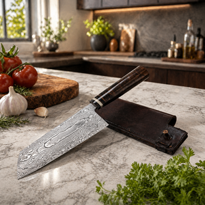 Couteau Santoku artisanal UMAR FAROOQ, lame en acier Damas de 3,0 mm d'épaisseur, manche en bois moderne, étui en cuir, écologique, 7 - Product Image 5