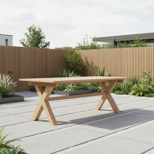 Table à manger en teck massif Nami, design moderne et durable pour l'extérieur, pieds croisés, meubles robustes, patine grise, pour la maison, le jardin, la plage, les hôtels - Product Image 5