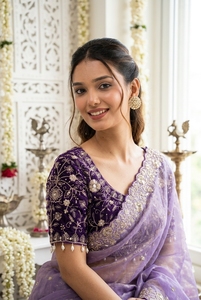 AARA Fashion <b>Purple</b> Silk <b>Saree</b> Gold Embroidery Sun Protection for Wedding Elegant Floor-Length Women's Sari India Pakistan Style - Product Image 3