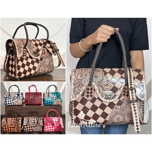 Bolso de Mano Personalizado Hecho a Mano con Cuero Vacuno Genuino, Patrón a Cuadros, Bolso Tote Floral, Bolso de Primera Calidad, Perfecto para Mujer - Product Image 1