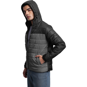 Men's Black Hooded Puffer <b>Jacket</b> Zipper Closure Windproof Polyester Casual Coat Regular Fit Solid Color Autumn Wear - Product Image 1