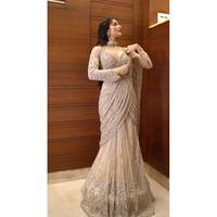 Sari de soirée LG Designer en beige avec travail de sequins, taille naturelle, non cousu, pour tenue de soirée