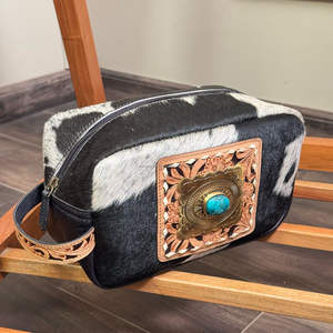 Ensemble combiné de 2 pièces en cuir de vachette usiné unisexe avec pierre turquoise et bagage de toilette en cuir véritable fabricant d'usine - Product Image 5