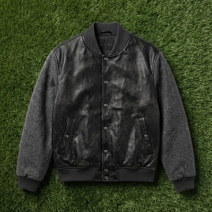 Chaqueta de Hombre de Cuero Negro con Mezcla de Lana, Cuello Acanalado, Botones a Presión, Manga Larga, Estilo Casual Urbano - Product Image 5