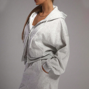 Women Full <b>Zip</b> Hooded <b>Crop</b> Sweatshirt Set Solid Casual Tracksuit With Side Pockets Loose Fit Autumn Wear - Product Image 4
