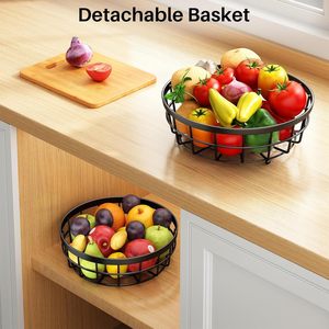 2 Tier Fruit <b>Basket</b> with Dual Banana Hanger Wooden Handle Metal <b>Wire</b> Fruit Bowl Kitchen Counter Storage Organizer - Product Image 6