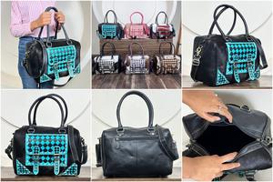 Sac à main en cuir de vachette de style western vintage, style rodeo, avec rabat orné de motifs à carreaux turquoise et noir, sac bandoulière et épaule pour femme - Product Image 3