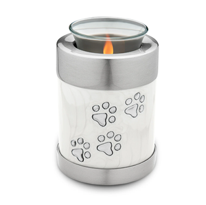 Urna Funeraria de Metal (Latón/Aluminio) Blanca con Grabado de Huella de Pata Plateada para Guardar Cenizas, Estilo Moderno - Product Image 1