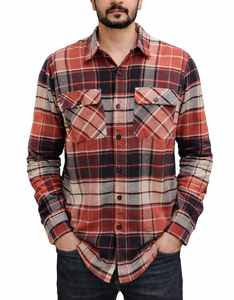 Men’s Rust Red Plaid <b>Flannel</b> Shirt Brushed Cotton Long Sleeve Casual Outdoor Workwear Dual Pocket Custom Private Label - Product Image 1