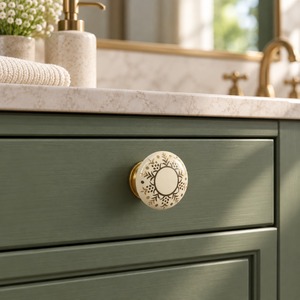 Poignée de meuble décorative SHUBAHM en céramique ivoire avec motif floral doré, bouton rond pour tiroir et armoire - Product Image 6