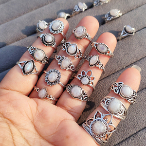 Wholesale Brass Moonstone Adjustable <b>Rings</b> Set Women Natural Gemstone Silver Plated Bohemia Bezel Setting Wedding Statement - Product Image 6