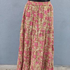 Elegant beige floral tiered <b>skirt</b> crafted in soft breathable fabric charming pink blossoms delicate green foliage prints - Product Image 1