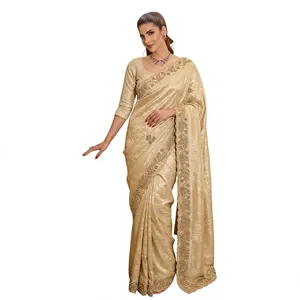 Elegant Gold Silk Saree With Embroidered Border Wedding Wear For Women India Pakistan Style Floor Length Regular Fit - Product Image 1