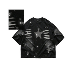 เสื้อยืดผู้ชายลายดาวตกวิบวับ ขายดี ประดับเพชรเต็มตัว ทรงโอเวอร์ไซส์ ผ้าคอตตอนสีดำหนา สไตล์ฮิปฮอป สตรีทแวร์ - Product Image 1