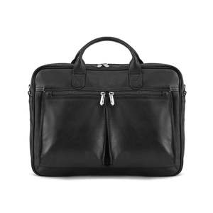 Stylish Executive Dark Black Leather Office Bag with Adjustable Shoulder Strap Front Two Zip Pockets and Laptop Protection - Product Image 1