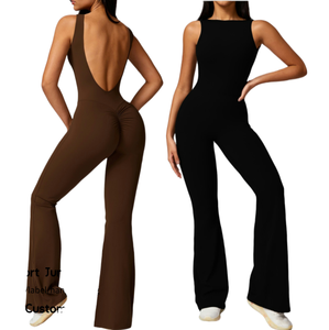 Combinaison pour femme dos nu, col carré, taille haute, jambes évasées, sans couture, couleur unie, en Spandex et Polyester, 1 pièce, ensemble de yoga longueur intégrale - Product Image 4